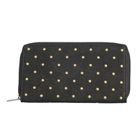 "UNION CODE -RFID Protected 100% Genuine Leather Women's Wallet THEME: Polka Dots Print SIZE: 7.5(L)x4.5(W)x0.5(H) inches COLOR: Black"