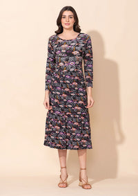 TAMSY Abstract Multi Blue Printed Round Neck Umbrella Dress - L