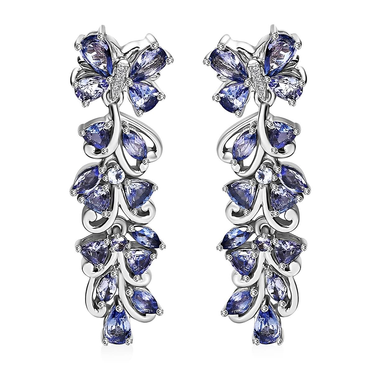 Tanzanite and White Zircon 3.85 ctw Butterfly and Blooming Flower Earrings in Rhodium Over Sterling Silver
