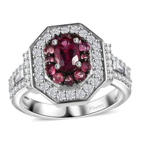Ouro Fino Rubellite and Moissanite 1.50 ctw Double Halo Ring in Rhodium Over Sterling Silver (Size 6.0)