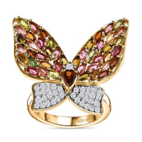 GP Multi-Tourmaline, White Zircon Butterfly Ring in 18K Vermeil YG Over Sterling Silver (Size 6.0) 4.70 ctw