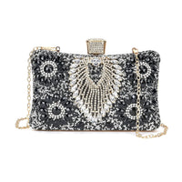 Black Peacock Pattern Crystal Clutch Bag (7.9"x2.4"x5") with Shoulder Chain Strap