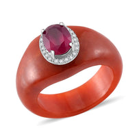 Niassa Ruby (FF), Red Jade (D) and White Zircon 29.75 ctw Ring in Rhodium Over Sterling Silver (Size 10.0)