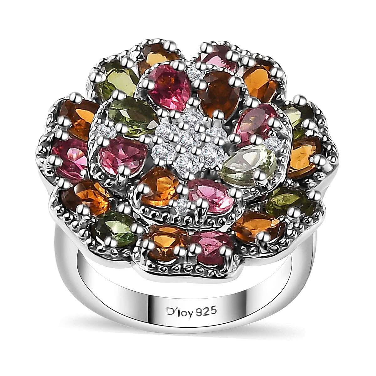 Premium Multi-Tourmaline, Moissanite Ring in Rhodium Over Sterling Silver (Size 10.0) 3.80 ctw