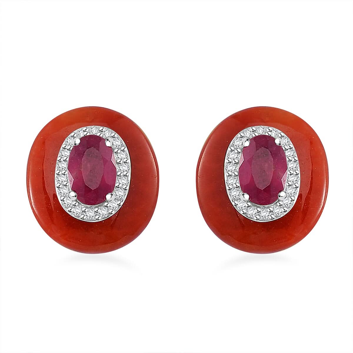 Niassa Ruby (FF), Red Jade (D) and White Zircon 8.30 ctw Stud Earrings in Rhodium Over Sterling Silver