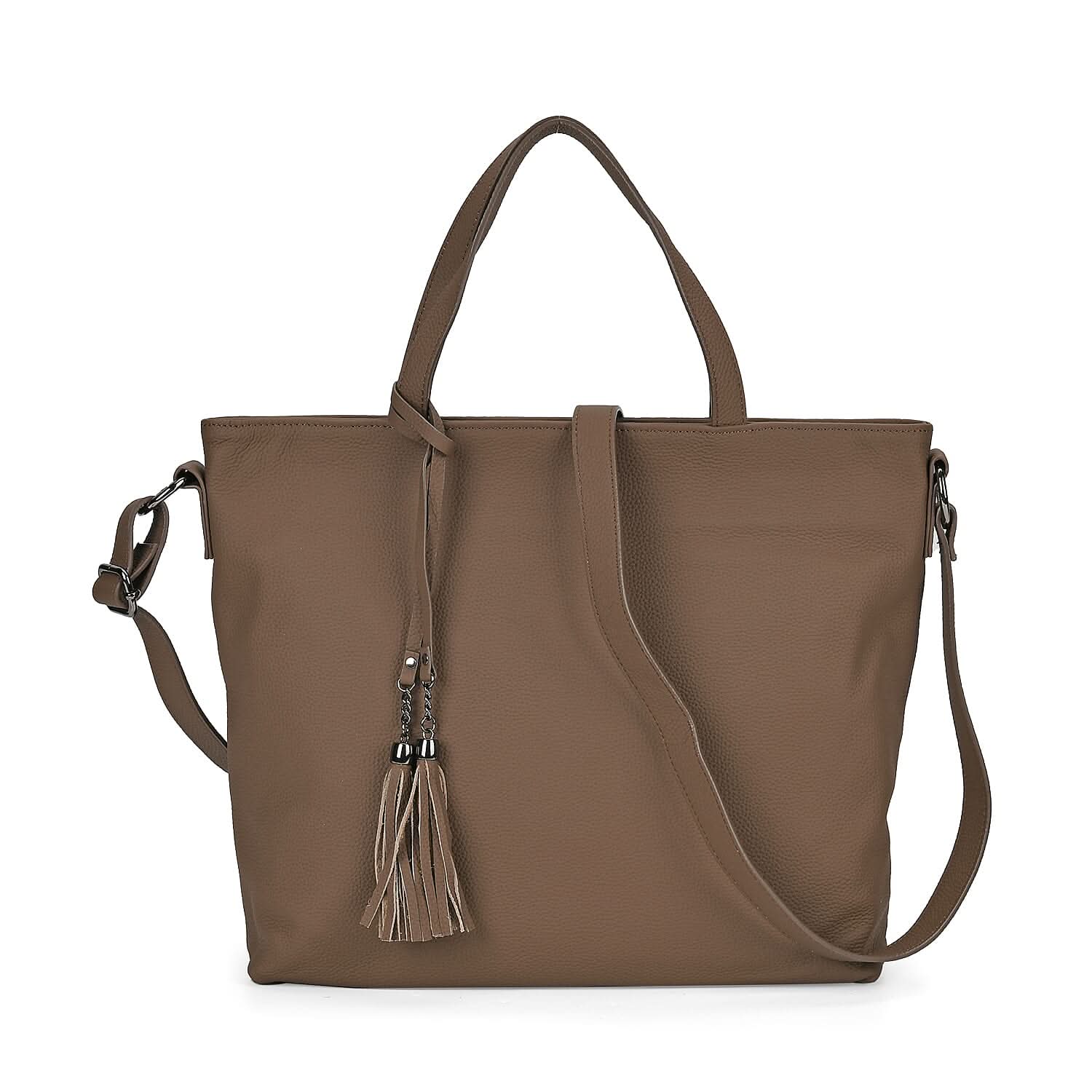 Olive Genuine Leather Tote Bag (13.8"x3.9"x13") with Tassels