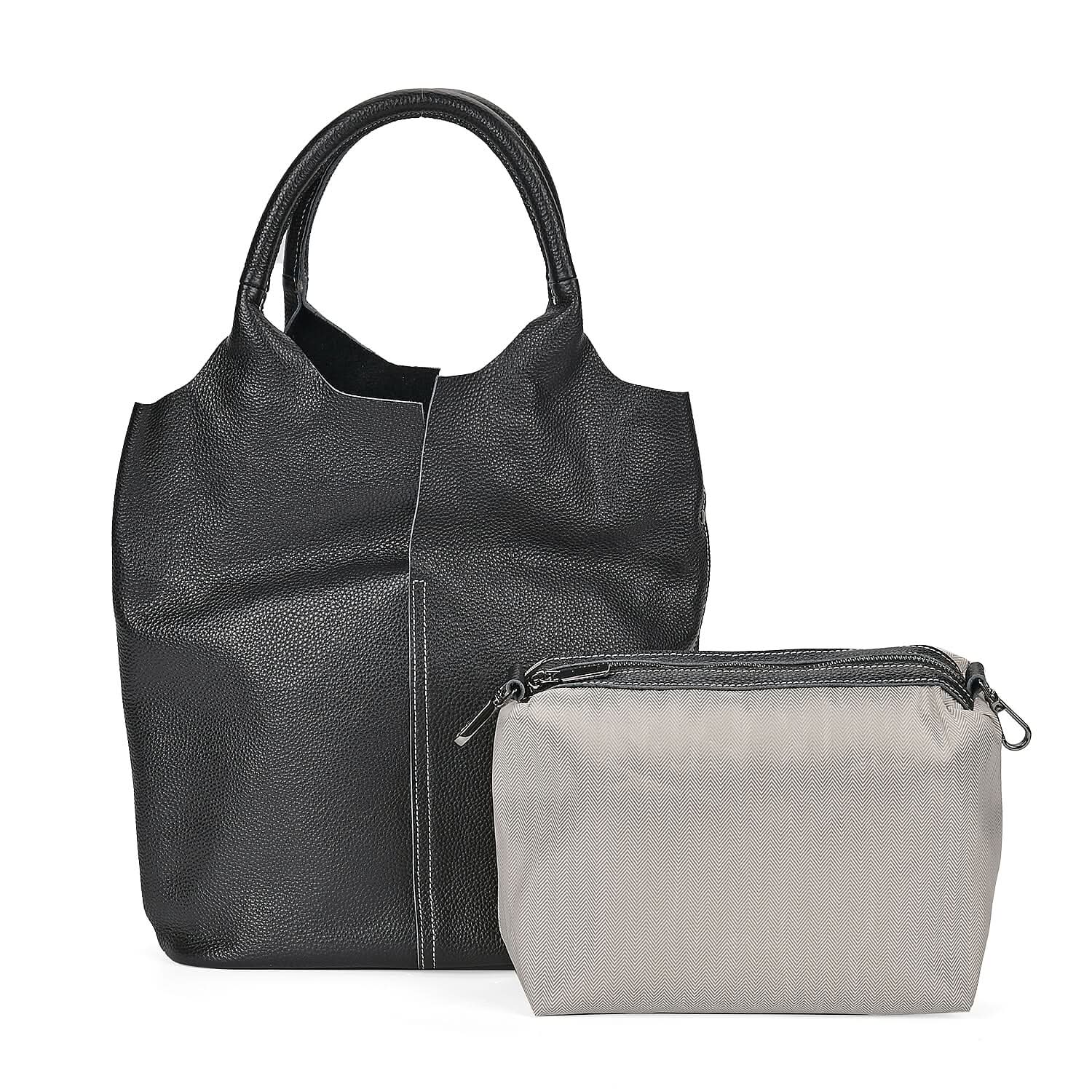 Black Genuine Leather Tote Bag with Small Bag Inside (11.4"x5.9"x12.6")