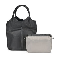 Black Genuine Leather Tote Bag with Small Bag Inside (11.4"x5.9"x12.6")