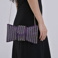 Purple Fashionable Bow-shaped Crystal Clutch Bag (10.6"x5.9") with Shoulder Chain Strap