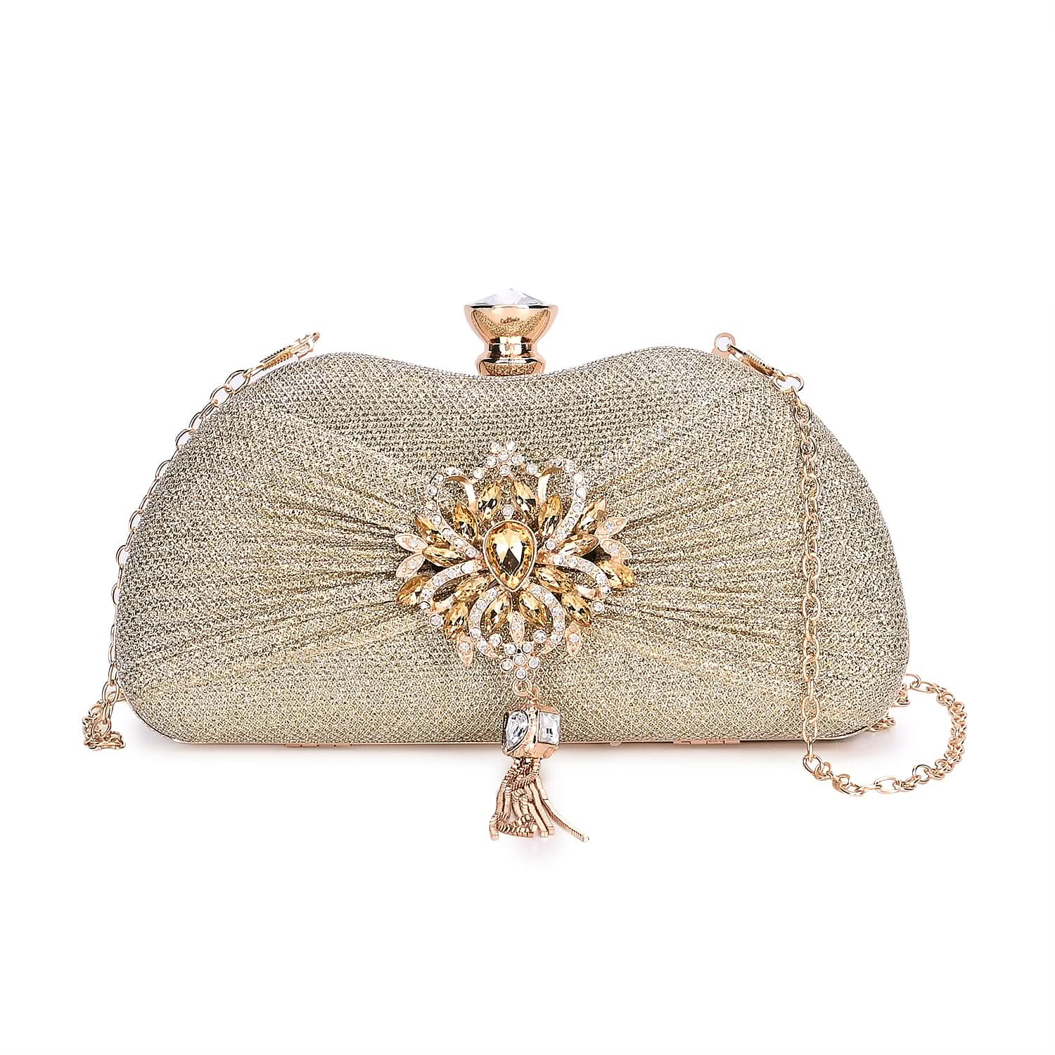 Gold Crystal Tassel Clutch Bag (9"x1.6"x4.7") with Shoulder Chain