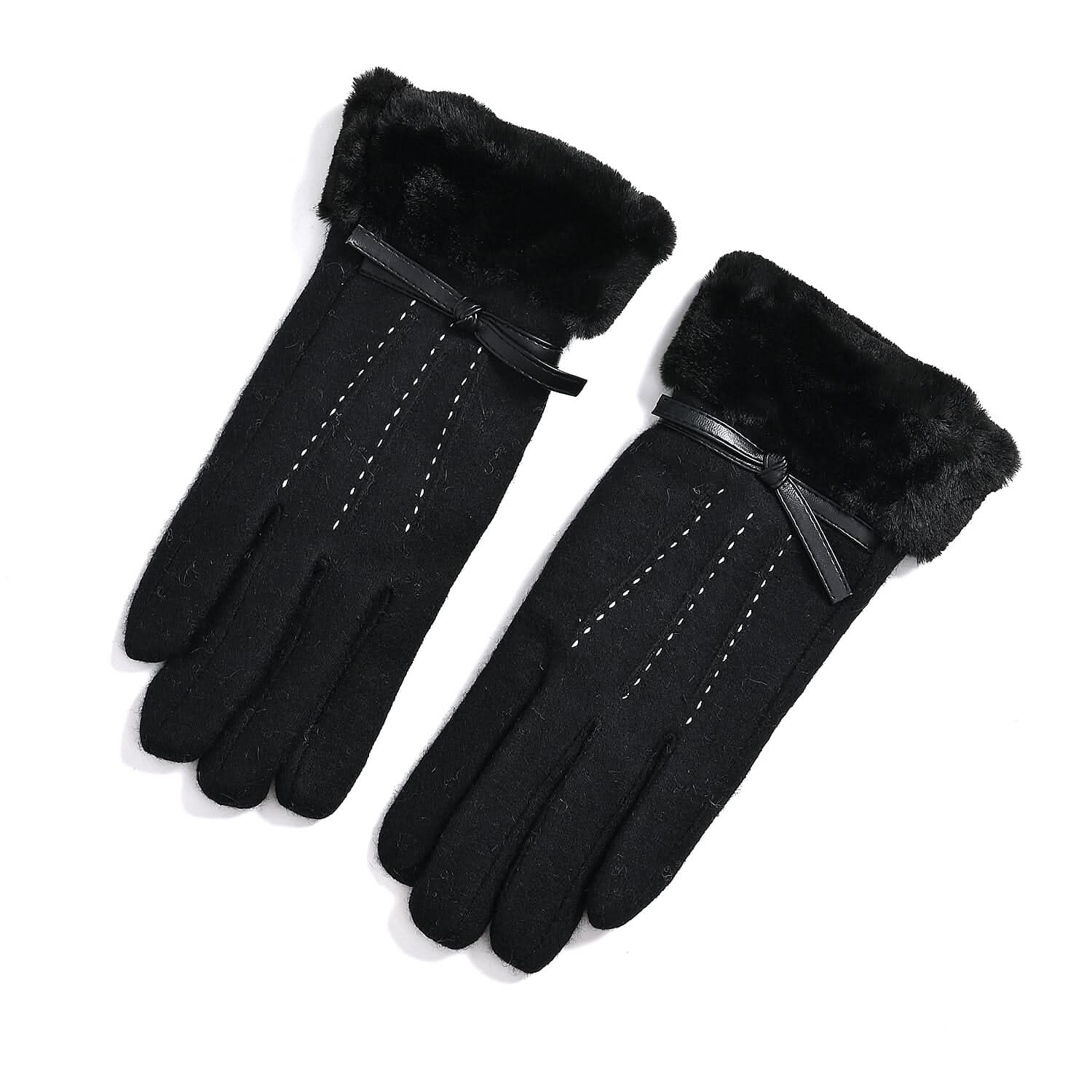 Black 70% Wool and 30% Polyster Winter Gloves with Faux Fur and Touch Screen Function (9"x3.93")