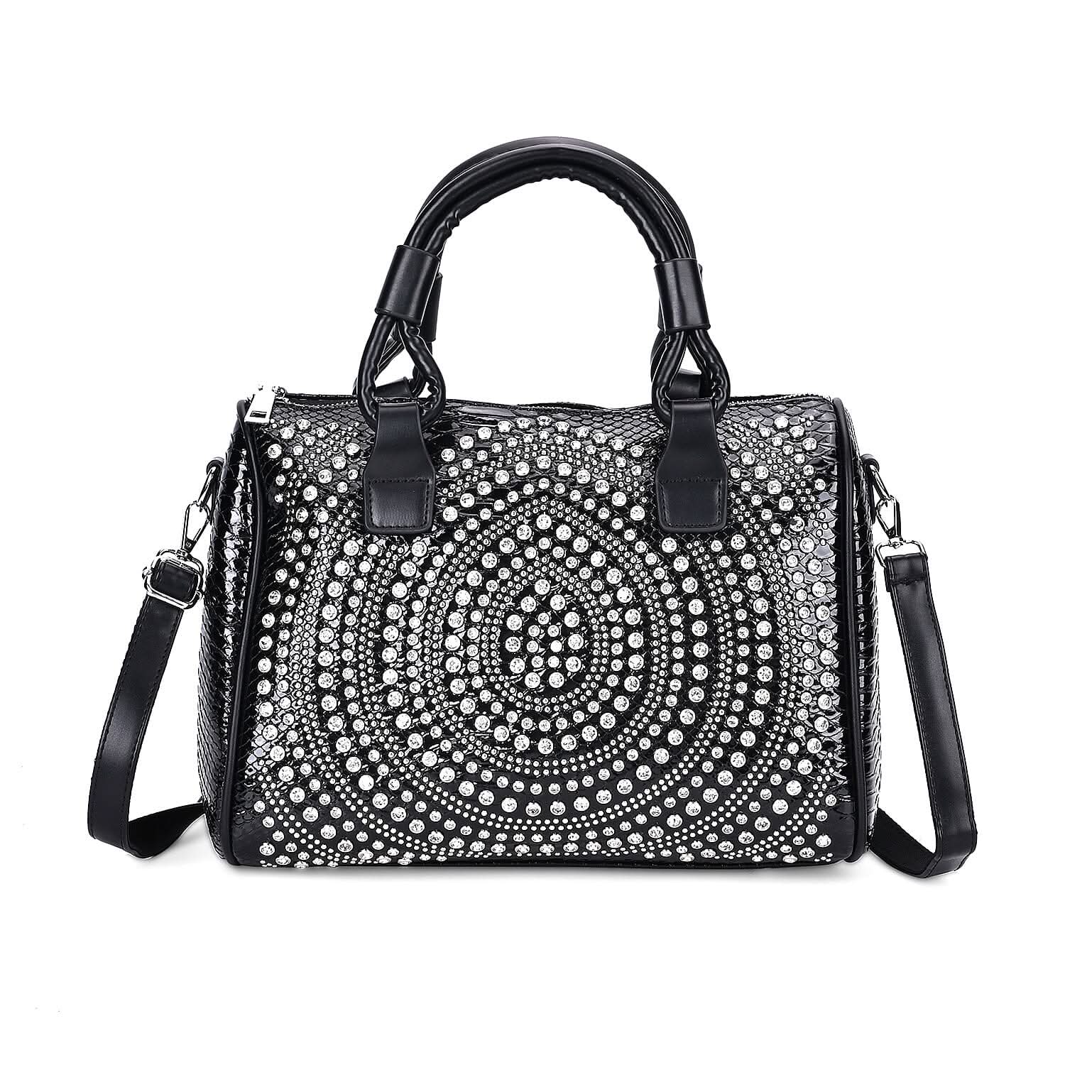 Black Faux Leather Crocodile Embossed Rhinestone Crossbody Bag (12.2"x6.7"x9") with Shoulder Strap