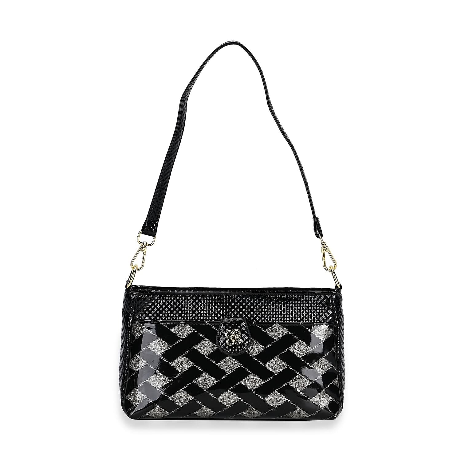 Black Checked Pattern Faux Leather Crossbody Bag (10.2"x3.9"x5.9") with Shoulder Strap (51")
