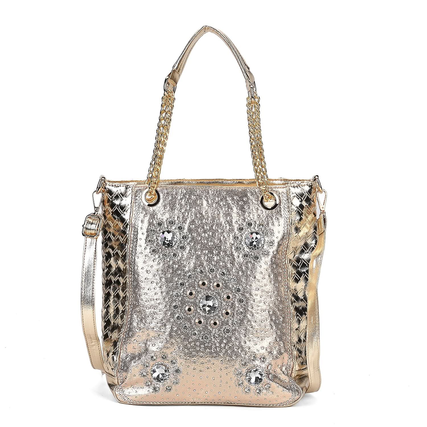Gold Fashionable Spacious Crystal Tote Bag (10.4"x4.9"x12.6")