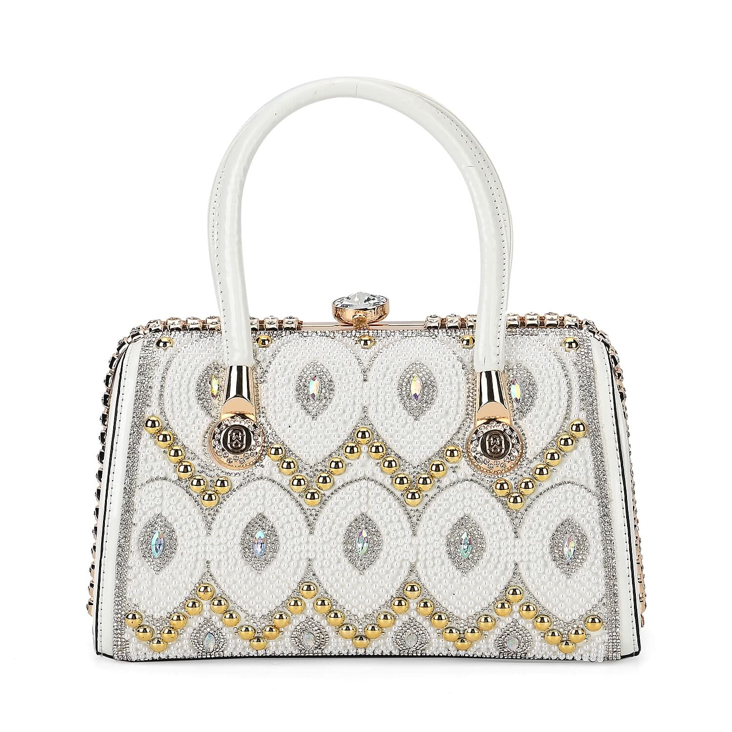 Silver Crystal and Pearl Faux Leather Tote Bag (12.2"X5.3"x7") with Handle Drop (6.5")