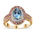 Certified & Appraised 14K Yellow Gold AAA Santa Maria Aquamarine, Mahenge Spinel, Diamond (I2) Double Halo Ring (Size 6.0) (5.05 g) 2.05 ctw - Sticky add to cart bar