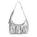 Silver Multi-Pocket Faux Leather Crossbody Bag (11.8"x2.76"x8.7") with Adjustable Shoulder Strap - Sticky add to cart bar