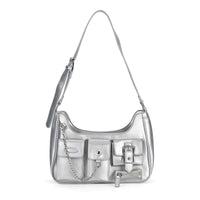 Silver Multi-Pocket Faux Leather Crossbody Bag (11.8"x2.76"x8.7") with Adjustable Shoulder Strap