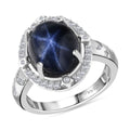 Blue Star Sapphire (DF), Moissanite Halo Ring in Rhodium Over Sterling Silver (Size 10.0) 6.50 ctw - Sticky add to cart bar