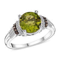 Peridot, Natural Champagne and White Diamond Ring in Rhodium Sterling Silver (Size 10.0) 3.15 ctw