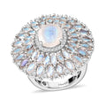 Premium Moon Glow Moonstone and Moissanite 7.75 ctw Ring in Rhodium Over Sterling Silver - Sticky add to cart bar