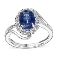 Kashmir Kyanite, Moissanite Bypass Ring in Rhodium Over Sterling Silver (Size 10.0) 2.10 ctw