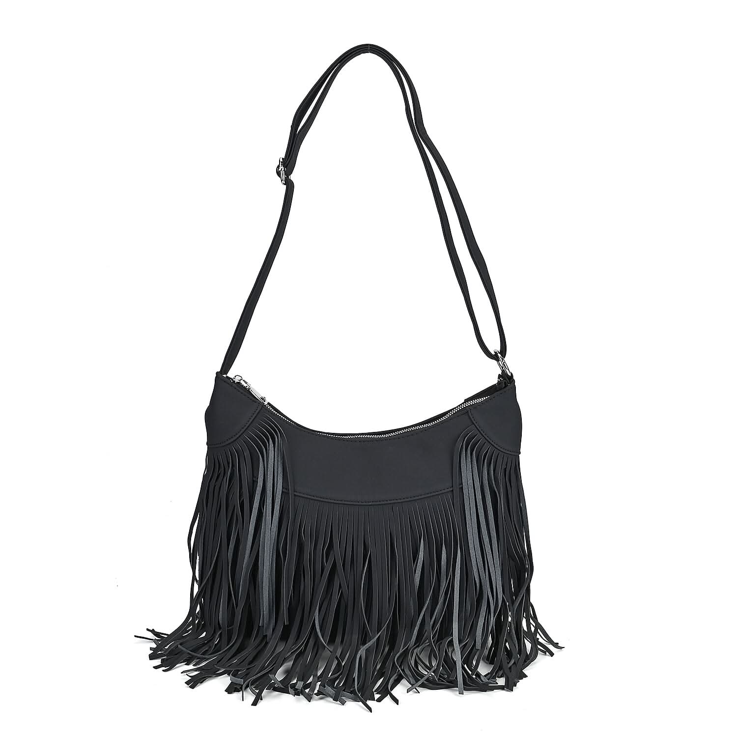 Black Faux Leather Shoulder Bag (13.4"x1.9"x11.4") with Tassel