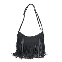 Black Faux Leather Shoulder Bag (13.4"x1.9"x11.4") with Tassel