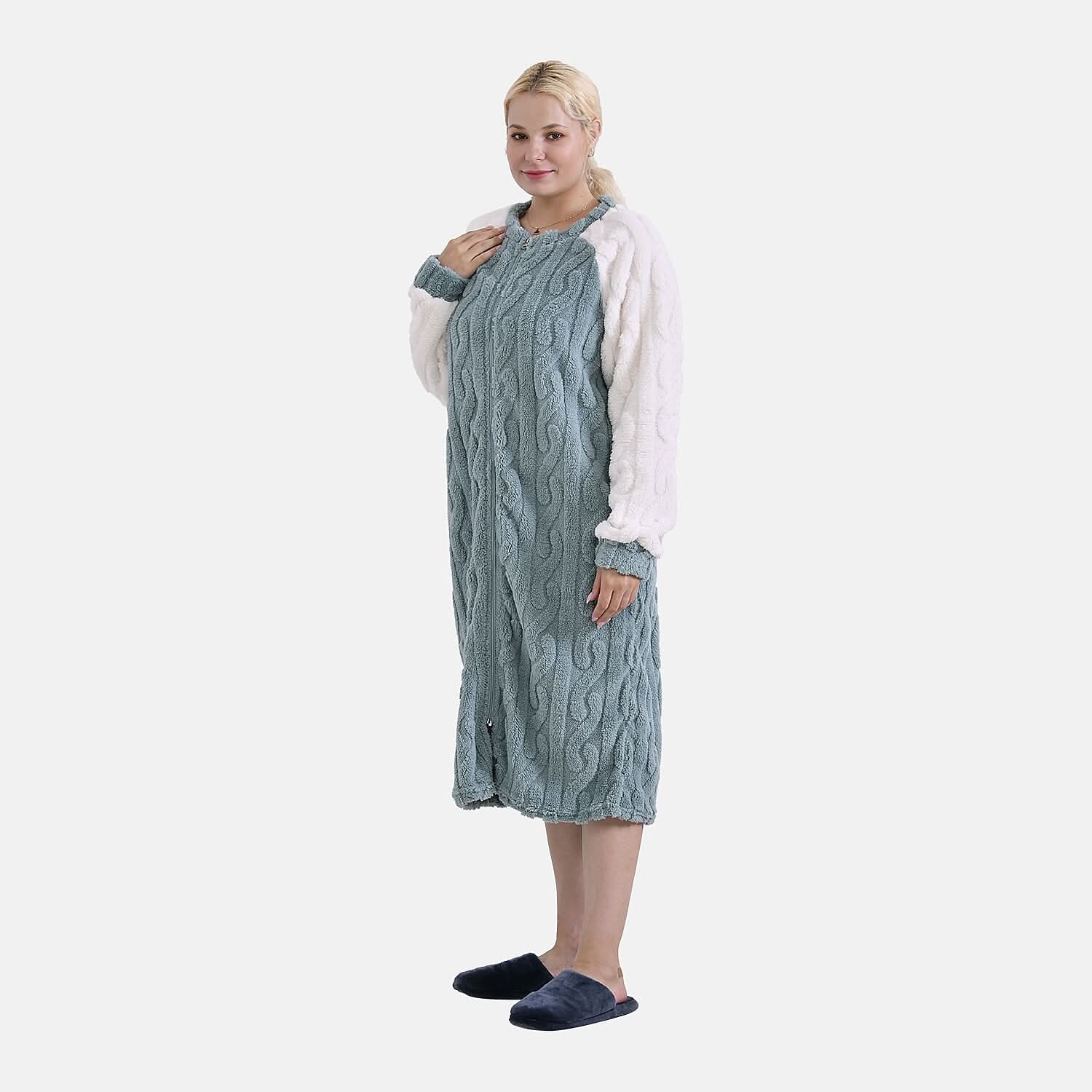 Seafoam and White Polyester Fluffy Button-up House Lounger with 2 Pocket (24"x44")