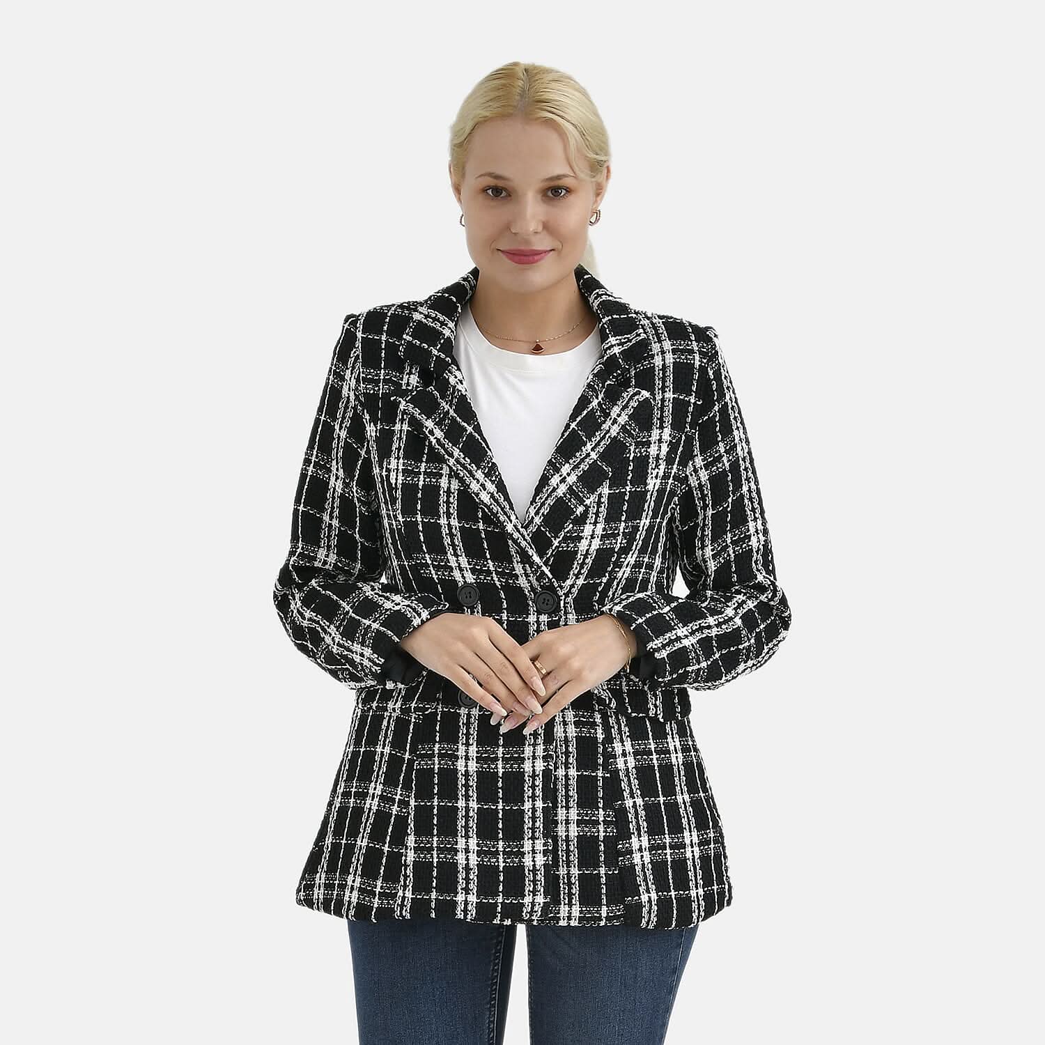 Black Plaid Pattern Faux Leather Finely Knit Formal Blazer - S