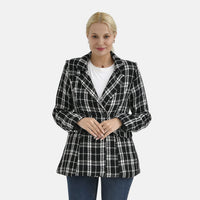 Black Plaid Pattern Faux Leather Finely Knit Formal Blazer - S