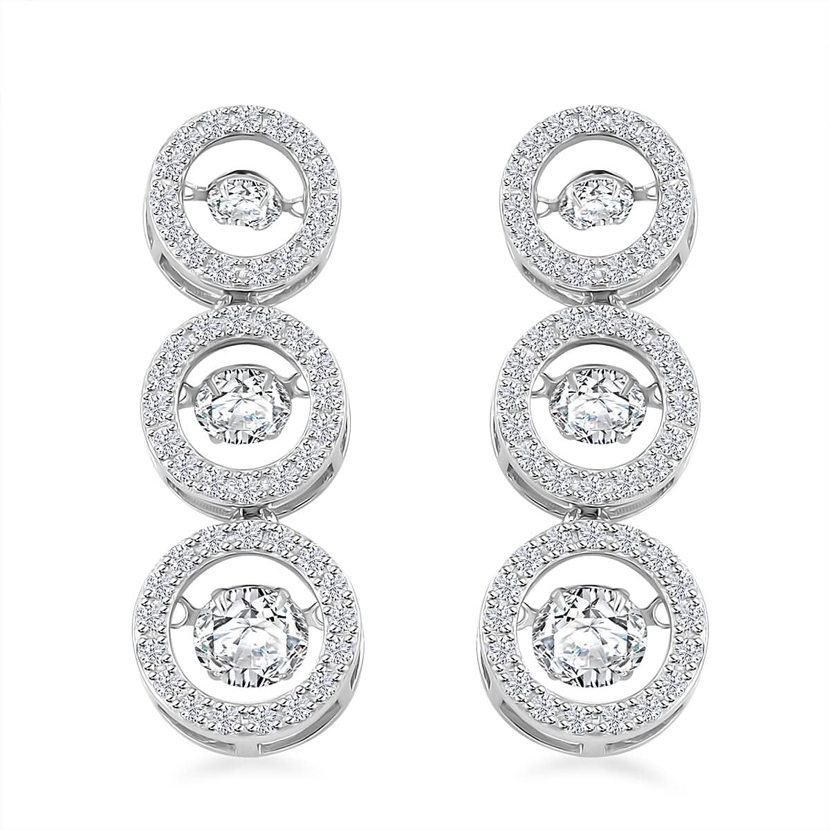 Moissanite 5.00 ctw 3 Halo Dancing Earrings in Rhodium Over Sterling Silver