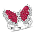 Simulated White and Ruby Color Diamond Butterfly Ring in Rhodium Over Sterling Silver (Size 10.0) 2.00 ctw - Sticky add to cart bar