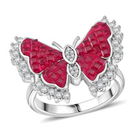 Simulated White and Ruby Color Diamond Butterfly Ring in Rhodium Over Sterling Silver (Size 10.0) 2.00 ctw