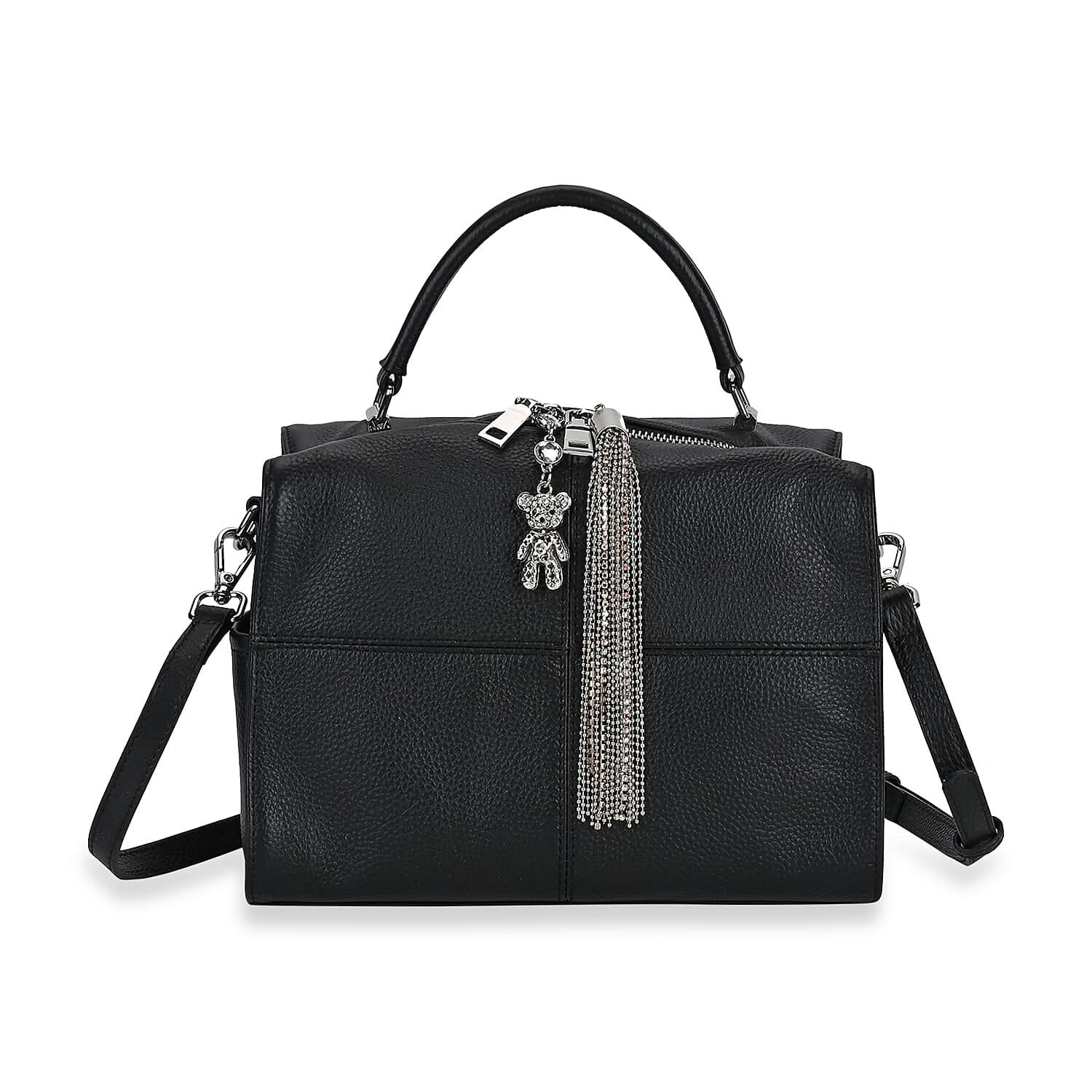 Black Genunie Leather Crossbody Bag with Bear Charm and Tassel (9.8"x5.1"x7") Handle Drop (3.9") and Two Shoulder Strap