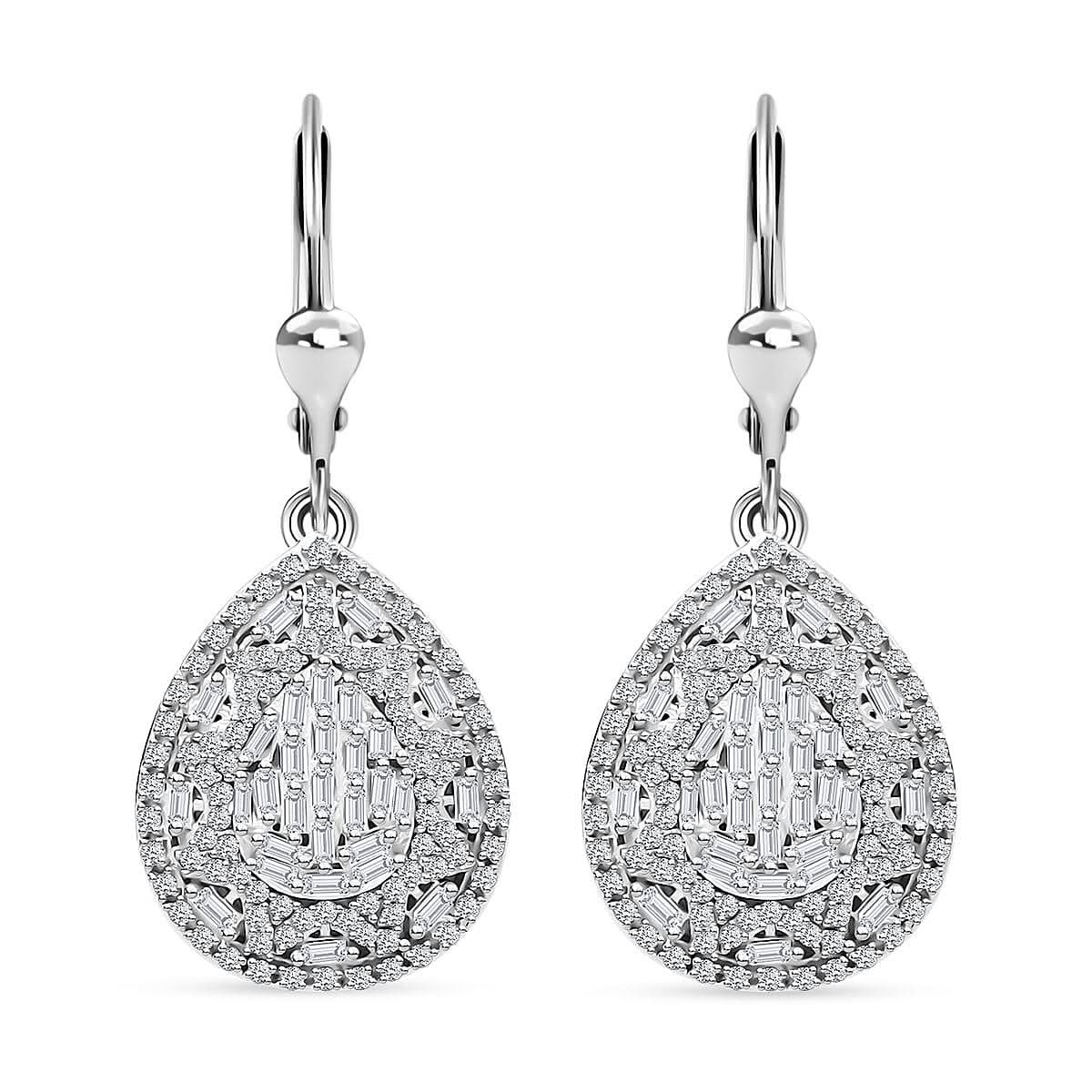 White Diamond 1.00 ctw Lever Back Earrings in Rhodium Over Sterling Silver