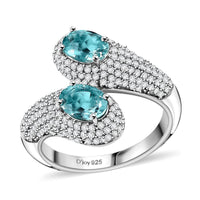Lagoon Apatite, Moissanite Bypass Ring in Rhodium Over Sterling Silver (Size 8.0) 3.50 ctw