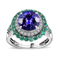 Certified & Appraised Rhapsody 950 Platinum AAAA Tanzanite, Boyaca Colombian Emerald, Diamond (E-F, VS) (0.32 cts) Ring (Size 6.0) (8.90 g) 4.22 ctw