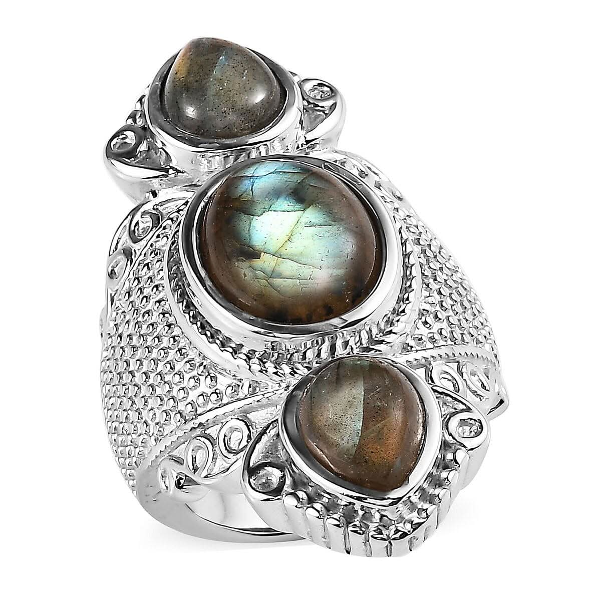 Malagasy Labradorite 10.00 ctw 3 Stone Ring in Stainless Steel (Size 10.0)