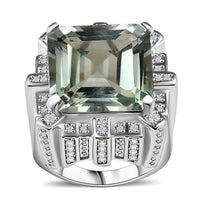 GP Royal Art Deco Collection Montezuma Prasiolite, White Zircon Ring in Rhodium Over Sterling Silver (Size 10.0) 18.15 ctw