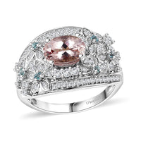 Pink Morganite, Multi Gemstone Ring in Rhodium Over Sterling Silver (Size 8.0) 2.10 ctw