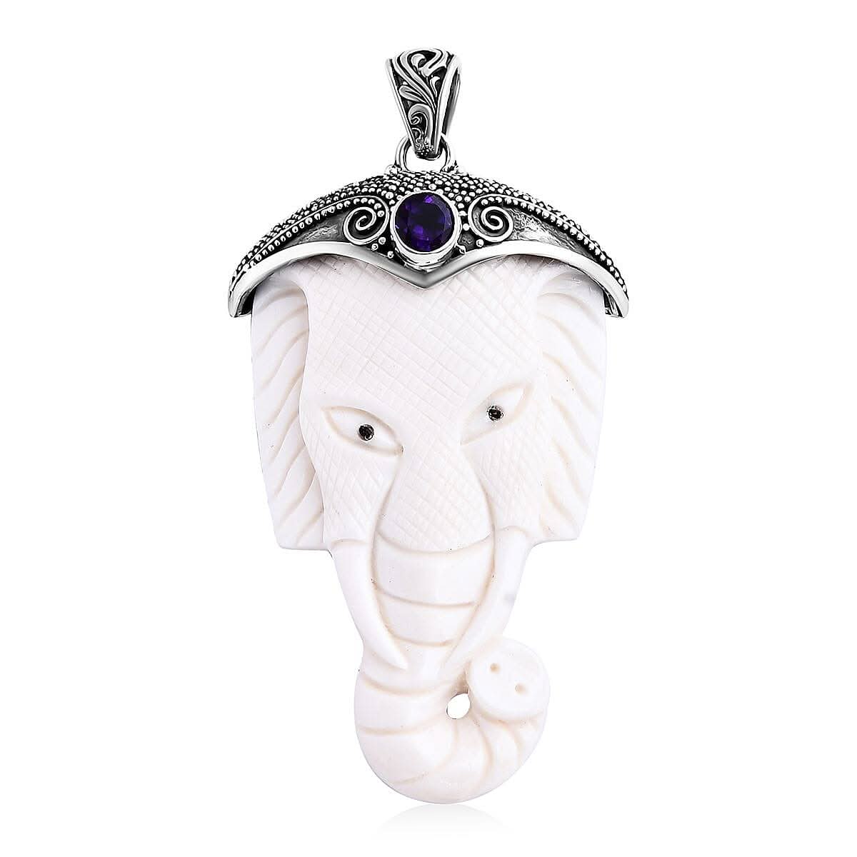 Bali Goddess Carved Bone and African Amethyst 0.75 ctw Elephant Pendant without Chain in Sterling Silver