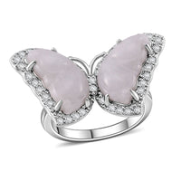 Natural Jade, White Zircon Butterfly Ring in Rhodium Over Sterling Silver (Size 10.0) 8.25 ctw