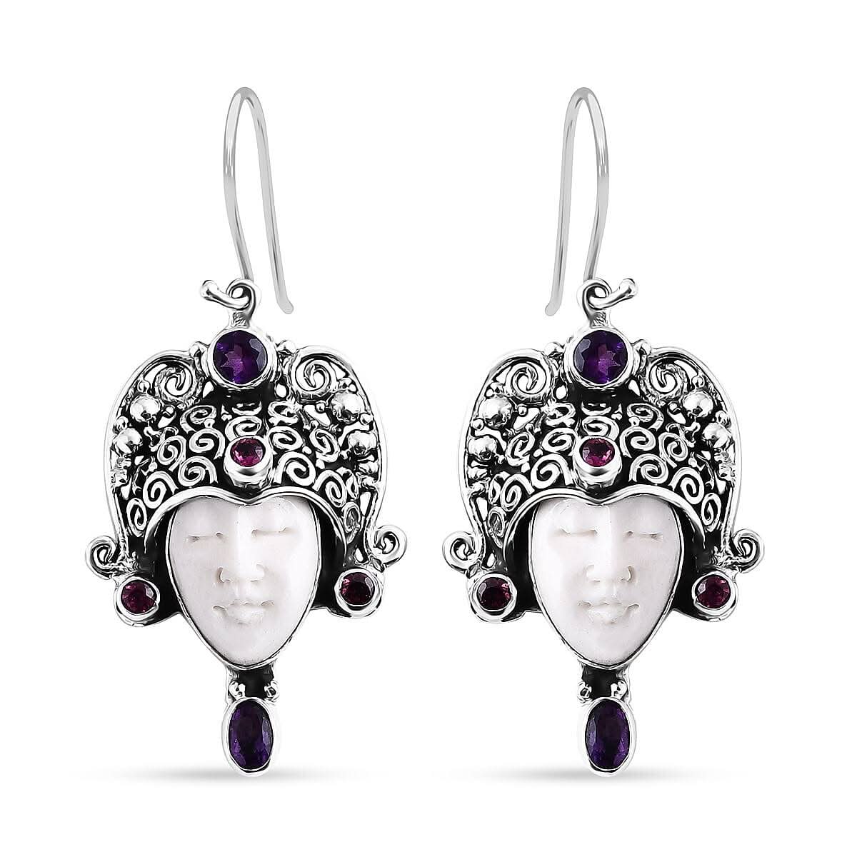 Bali Goddess Carved Bone and Multi Gemstone 2.70 ctw Earrings in Sterling Silver