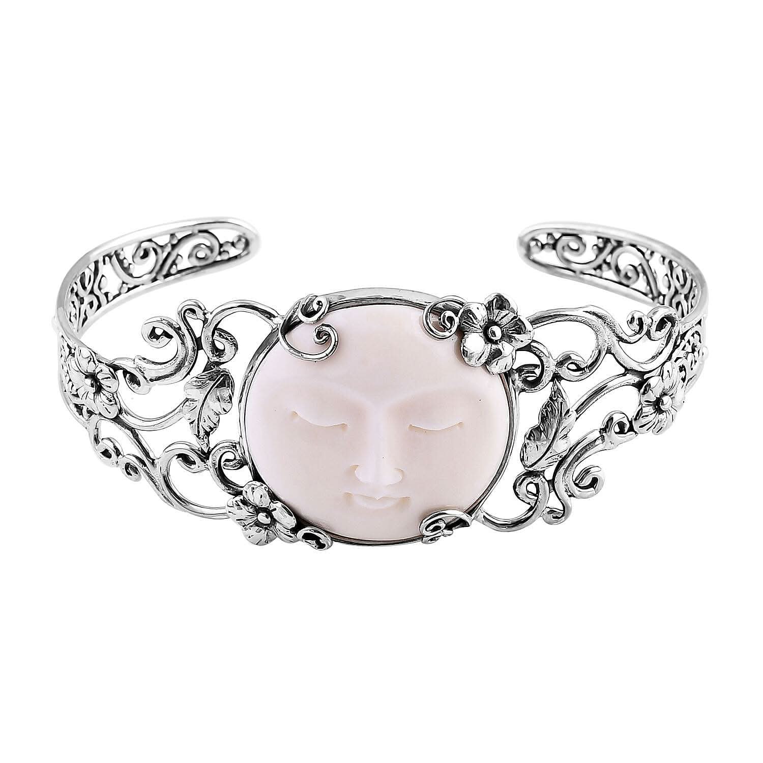 Bali Goddess Carved Bone Floral and Leaf Cuff Bracelet in Sterling Silver (7.25 In)