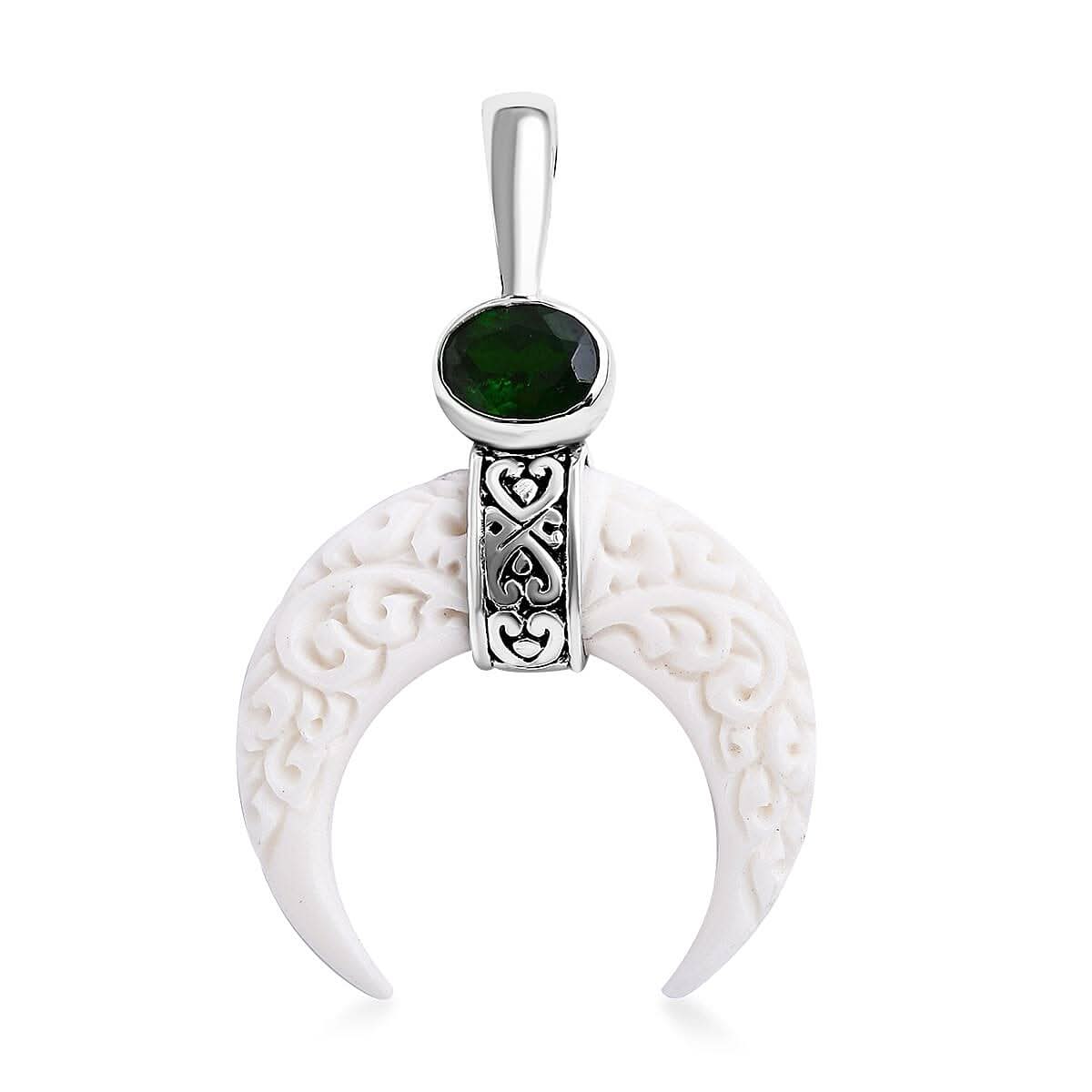 Bali Goddess Carved Bone and Chrome Diopside 1.25 ctw Crescent Moon Pendant without Chain in Sterling Silver