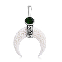 Bali Goddess Carved Bone and Chrome Diopside 1.25 ctw Crescent Moon Pendant without Chain in Sterling Silver