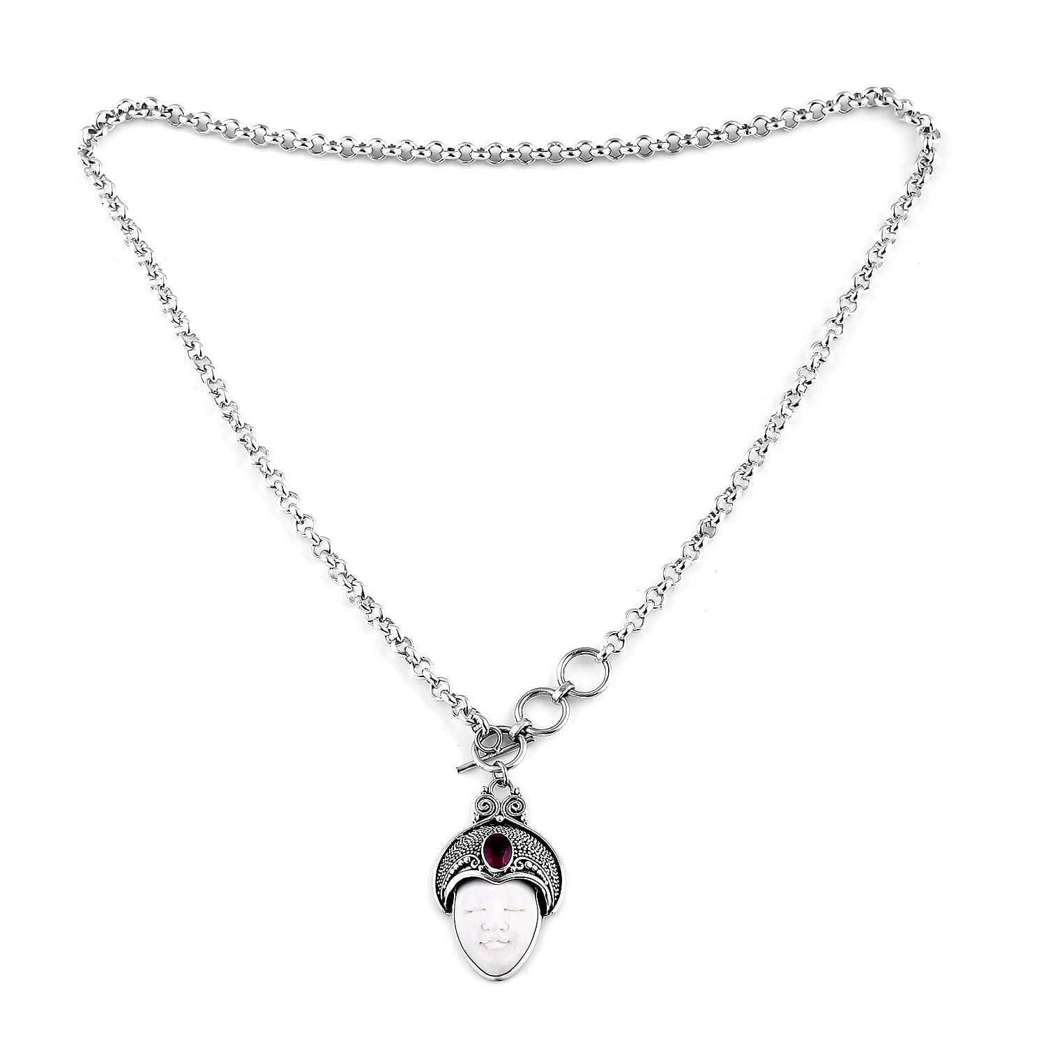 Bali Goddess Carved Bone and Niassa Ruby (FF) 1.20 ctw Necklace in Sterling Silver 18 Inches