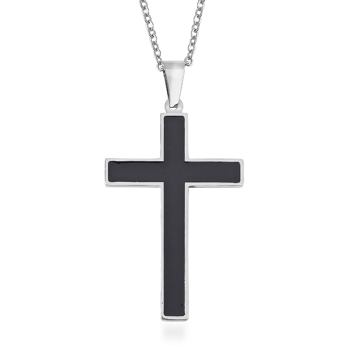 Shungite 2.00 ctw Inlay Cross Pendant Necklace 20-22 Inches in Stainless Steel
