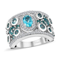 Lagoon Apatite, Multi Gemstone Galaxy Ring in Rhodium Over Sterling Silver (Size 10.0) 2.25 ctw